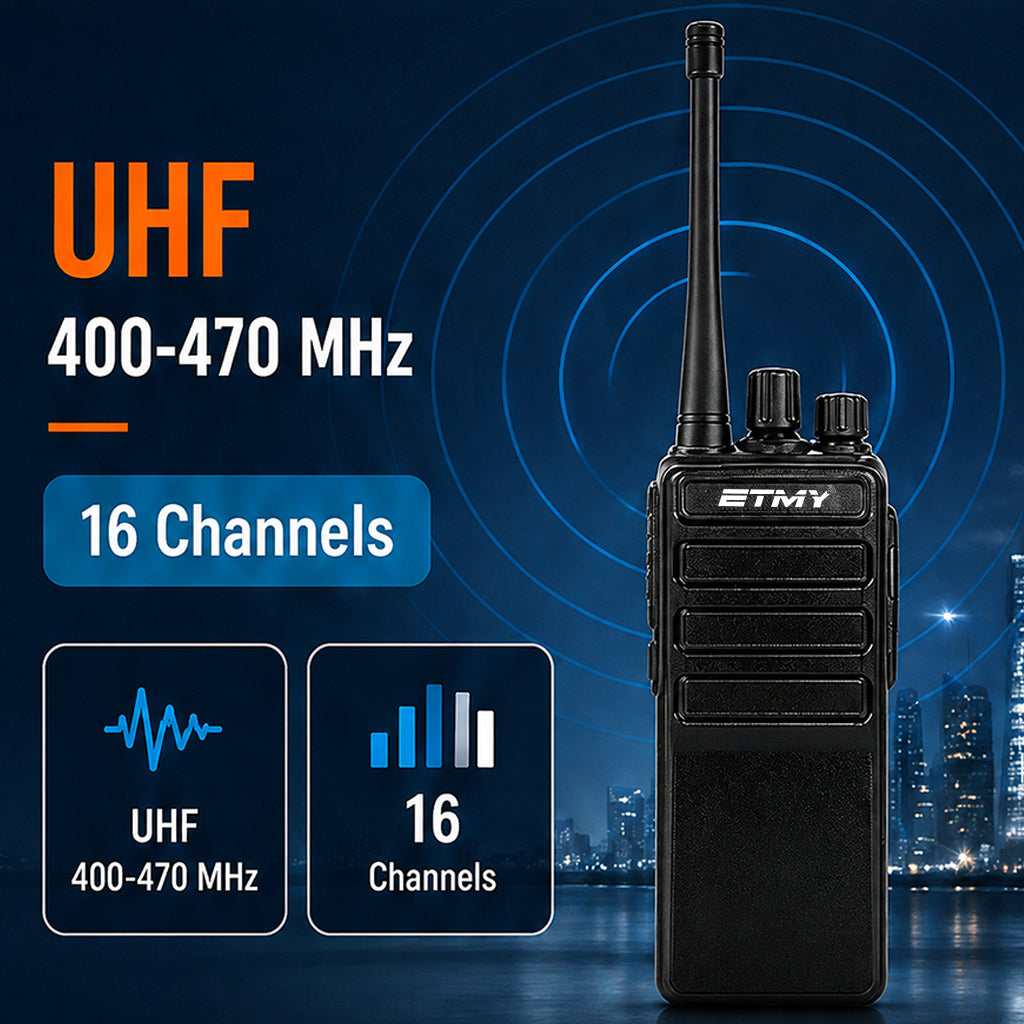ETMY ET-99 Slim UHF walkie-talkie with 1500mAh battery, 5V USB charging, 16 channels, and CTCSS/DCS