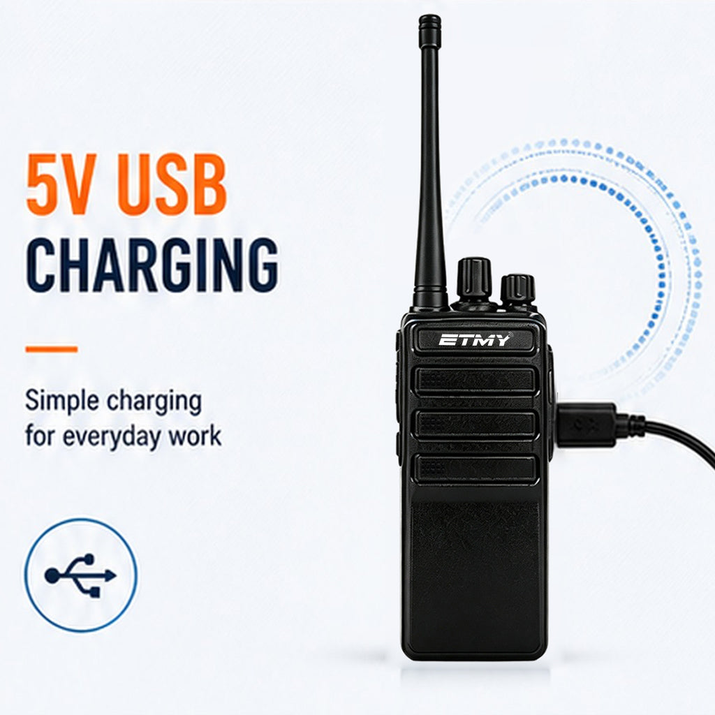 ETMY ET-99 Slim UHF walkie-talkie with 1500mAh battery, 5V USB charging, 16 channels, and CTCSS/DCS