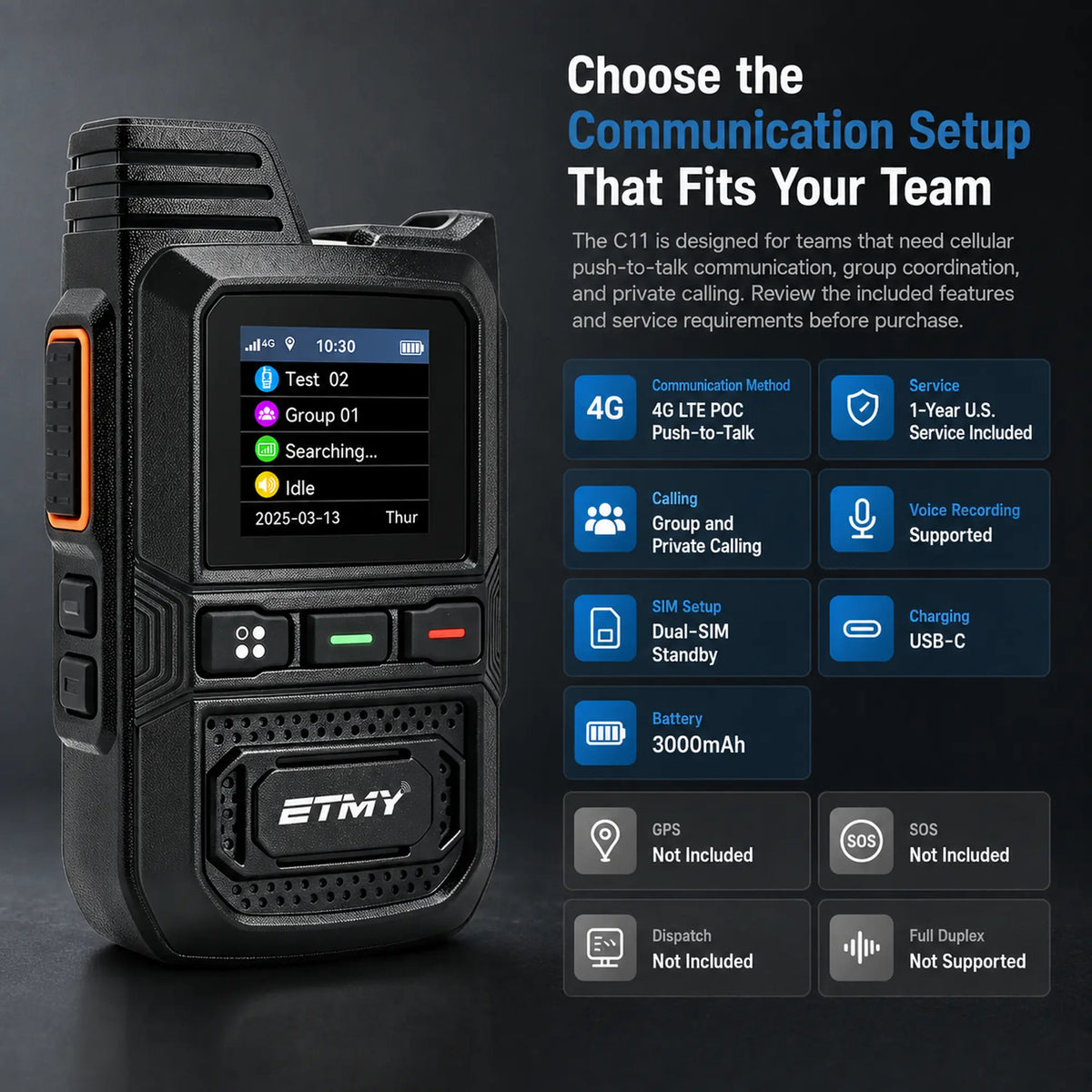 ETMY ET-C11 4G PoC Network Radio – Dual-SIM Walkie Talkie With Type-C Port LED Display