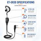 ETMY ET-ER20 Single-Ear Walkie-Talkie Headset | K Connector | 360° Rotating Clip | Compatible with Kenwood TK Series
