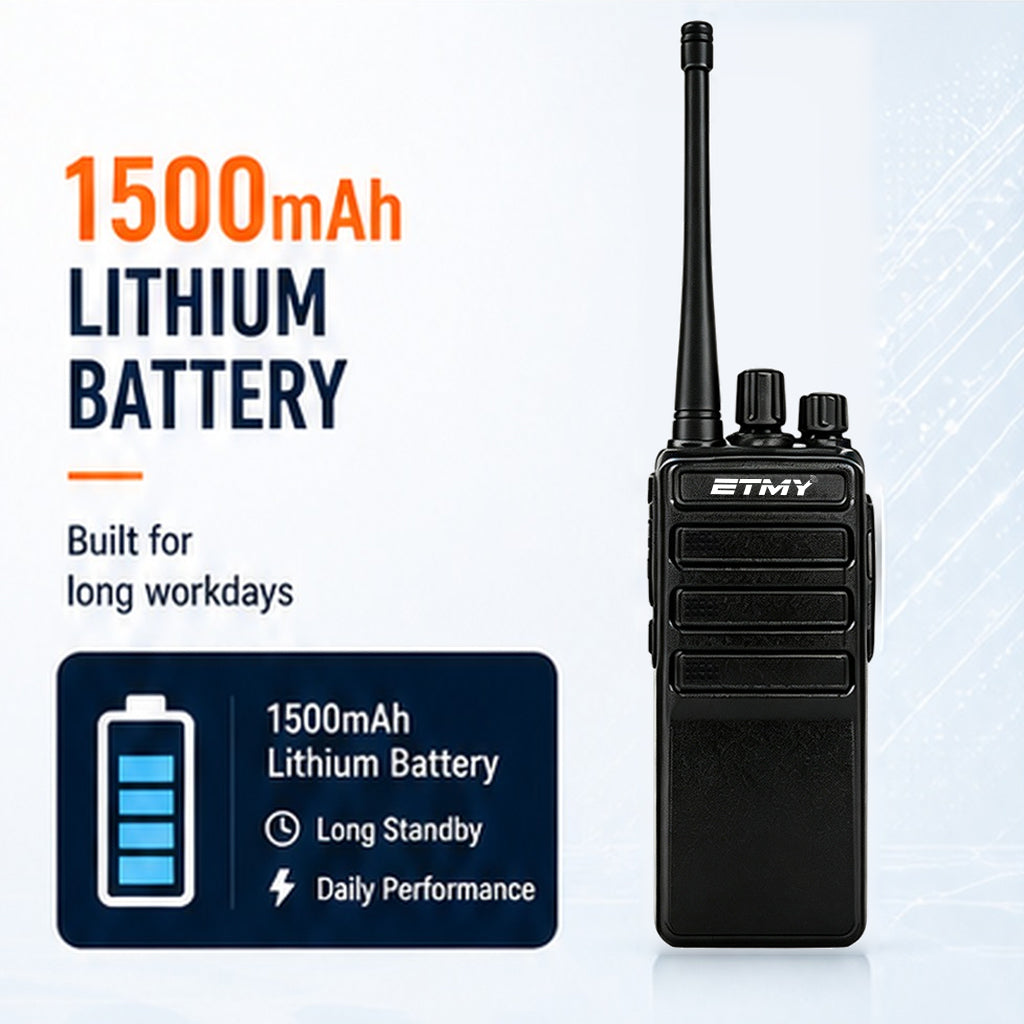 ETMY ET-99 Slim UHF walkie-talkie with 1500mAh battery, 5V USB charging, 16 channels, and CTCSS/DCS