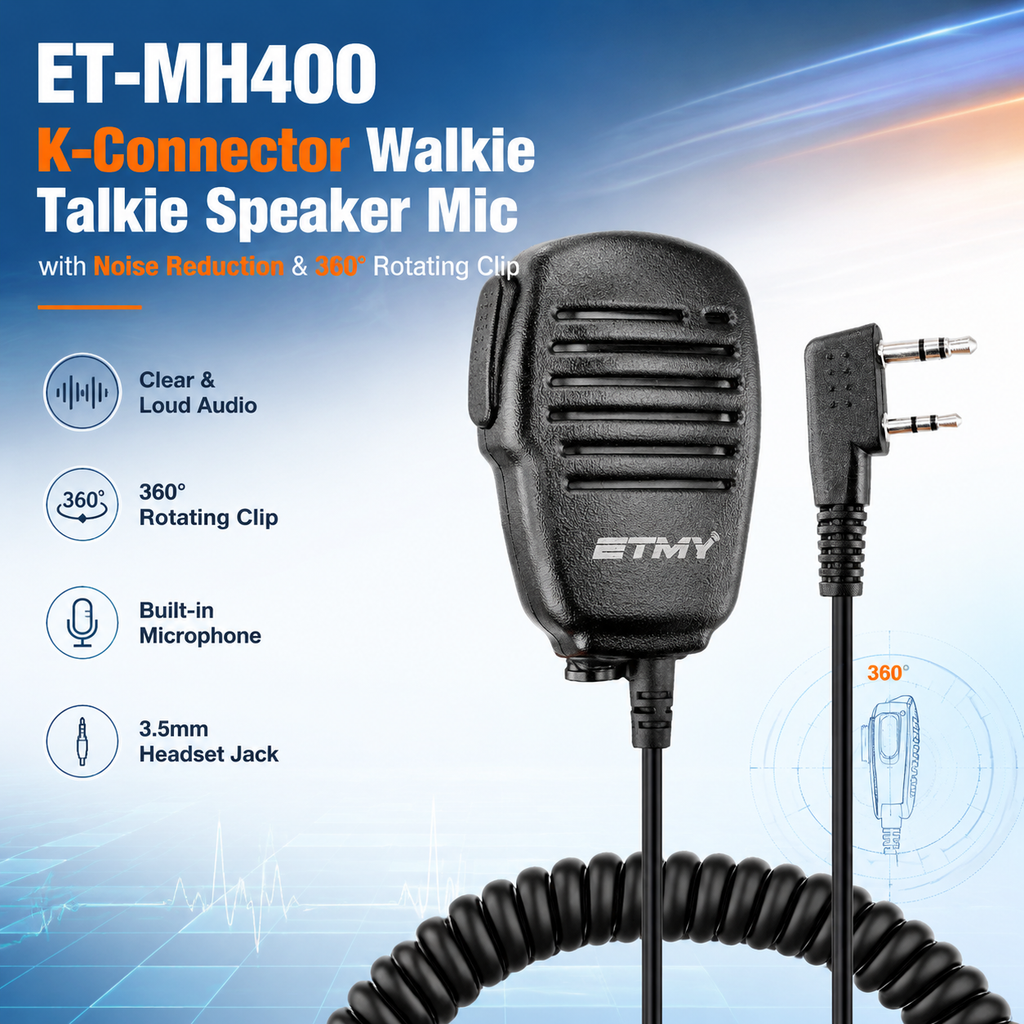 ETMY ET-MH400 K-Connector Walkie Talkie Speaker Mic with Noise Reduction & 360° Rotating Clip