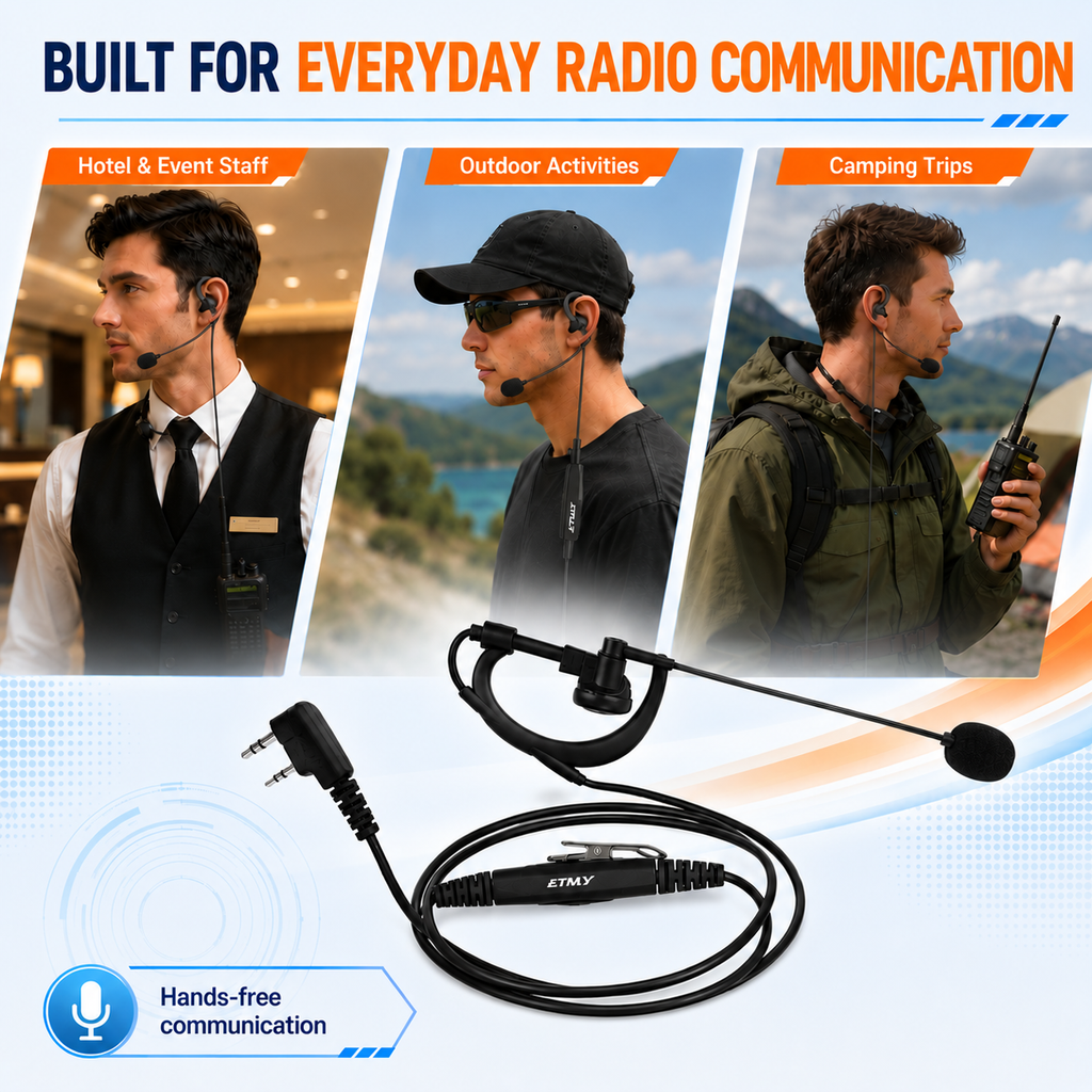 ET-ERHM70 Walkie Talkie Ear Hook Headset with Boom Microphone | No Clip Needed