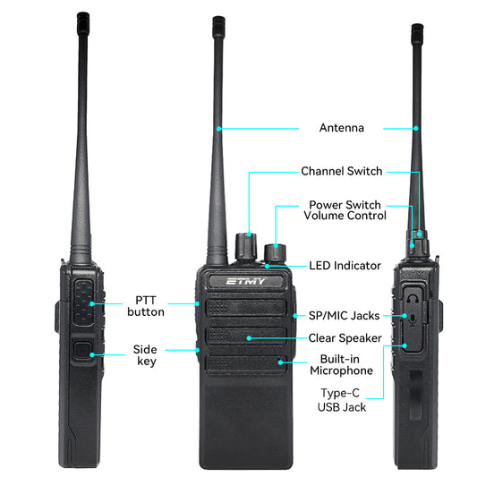 ETMY ET-99 Slim UHF walkie-talkie with 1500mAh battery, 5V USB charging, 16 channels, and CTCSS/DCS