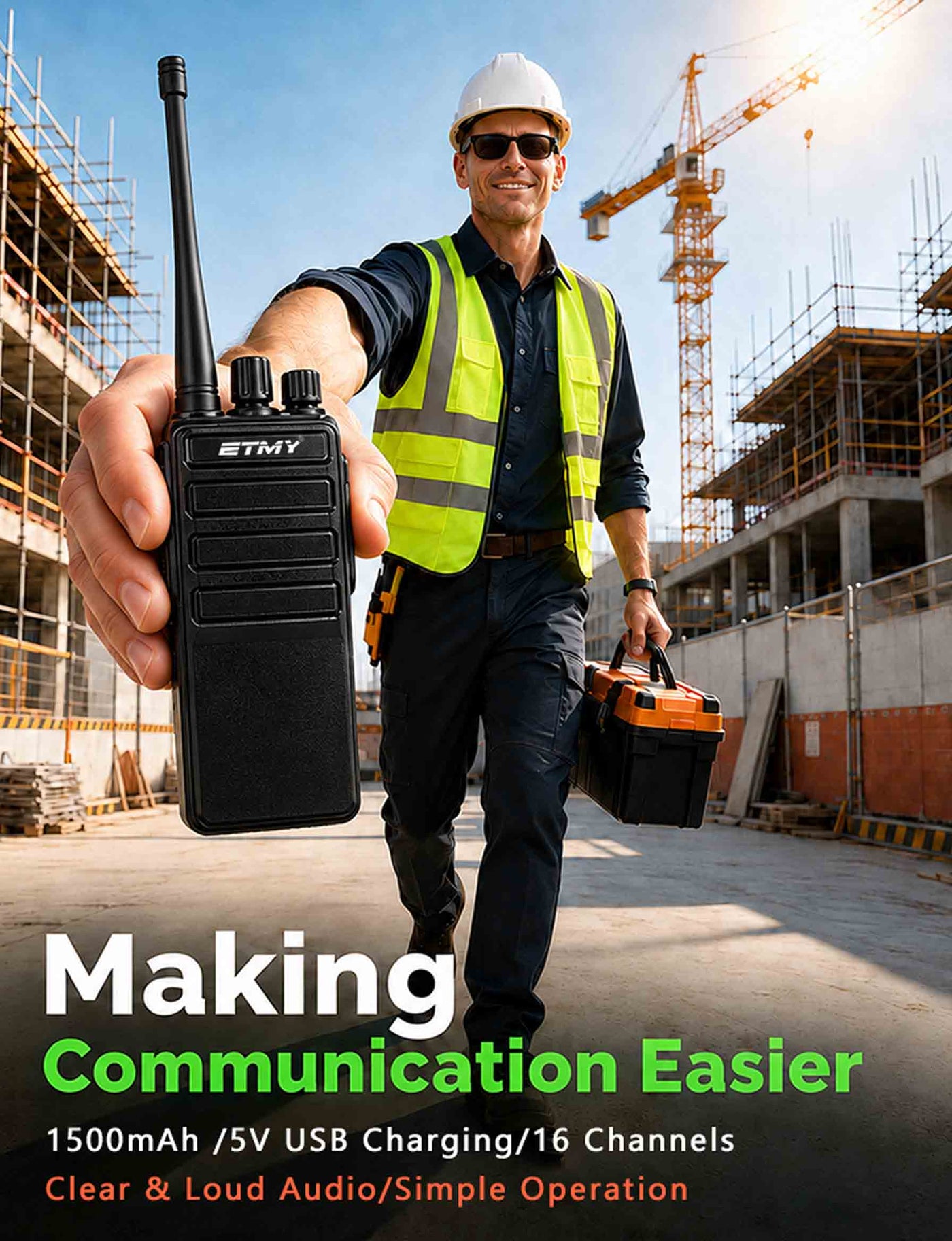ETMY ET-99 Slim UHF walkie-talkie with 1500mAh battery, 5V USB charging, 16 channels, and CTCSS/DCS
