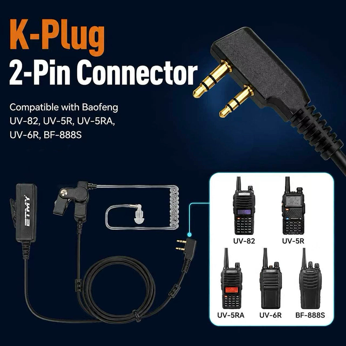 ETMY ET-ER100 Noise-Canceling Walkie-Talkie Earpiece with PTT | Air Acoustic Tube | K Plug | Compatible with Baofeng UV-82 UV-5R UV-5RA UV-6R BF-888S