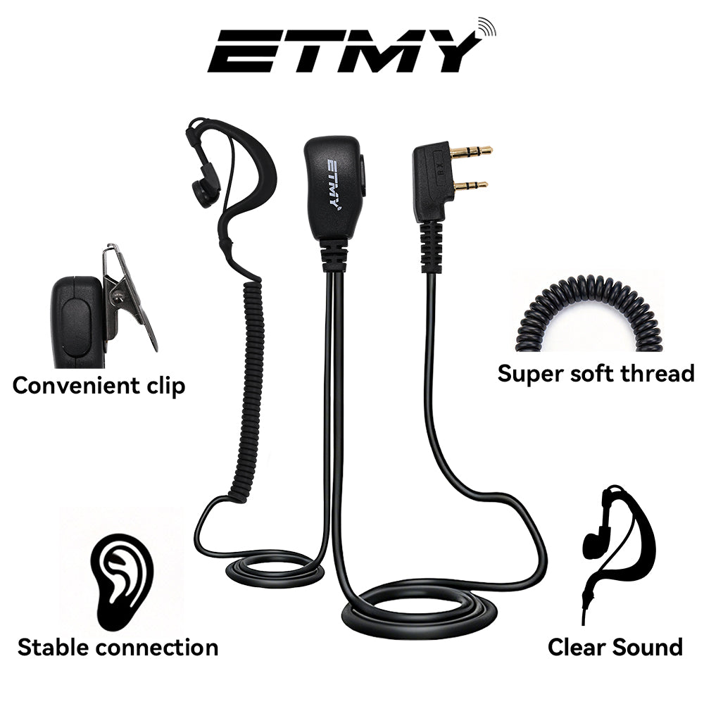 ETMY Walkie-Talkie G-Shape Earpiece with Coiled Cable & PTT Mic