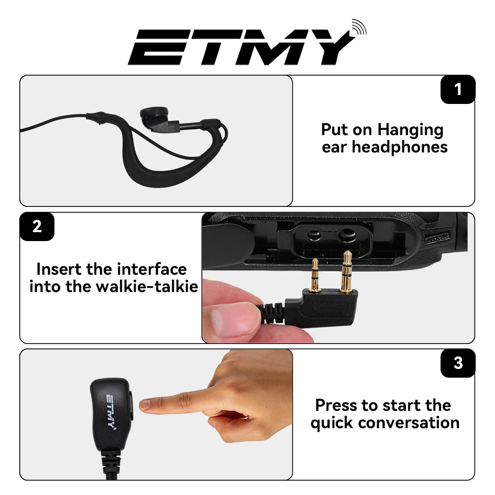 ETMY Walkie-Talkie G-Shape Earpiece with Coiled Cable & PTT Mic