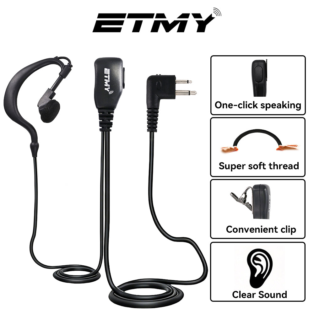 ETMY G-Shape Earpiece with PTT Mic | Compatible with Motorola DTR550 DTR700 RDU4100 RDU4160D RMU2040 RMU2080D RMU2080 DLR1020 CLS1410 CLS1110 | 2-Pin Coiled Cable Headset