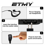 ETMY G-Shape Earpiece with PTT Mic | Compatible with Motorola DTR550 DTR700 RDU4100 RDU4160D RMU2040 RMU2080D RMU2080 DLR1020 CLS1410 CLS1110 | 2-Pin Coiled Cable Headset