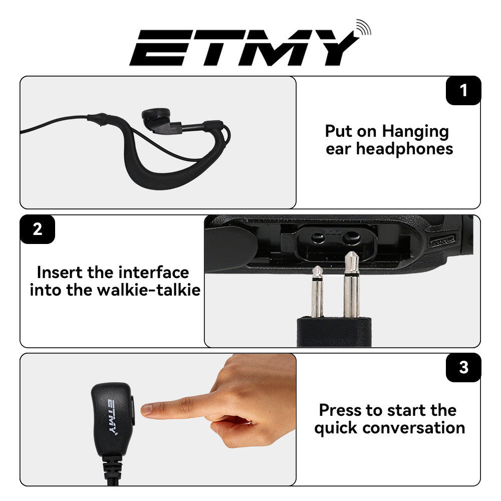 ETMY G-Shape Earpiece with PTT Mic | Compatible with Motorola DTR550 DTR700 RDU4100 RDU4160D RMU2040 RMU2080D RMU2080 DLR1020 CLS1410 CLS1110 | 2-Pin Coiled Cable Headset