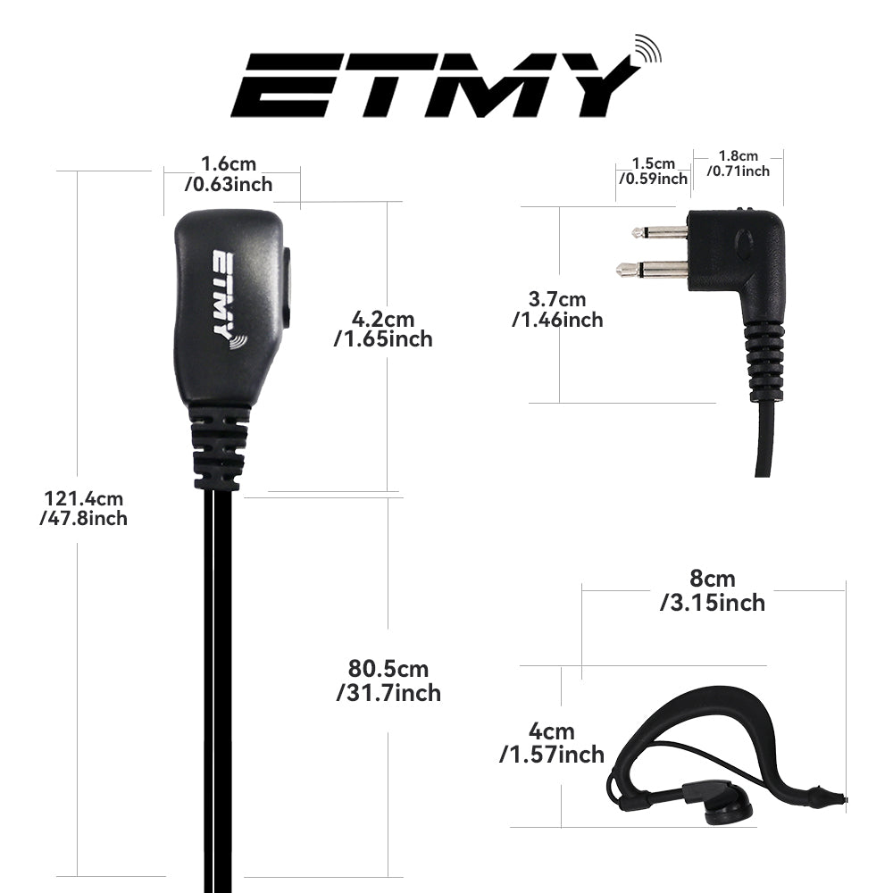 ETMY G-Shape Earpiece with PTT Mic | Compatible with Motorola DTR550 DTR700 RDU4100 RDU4160D RMU2040 RMU2080D RMU2080 DLR1020 CLS1410 CLS1110 | 2-Pin Coiled Cable Headset