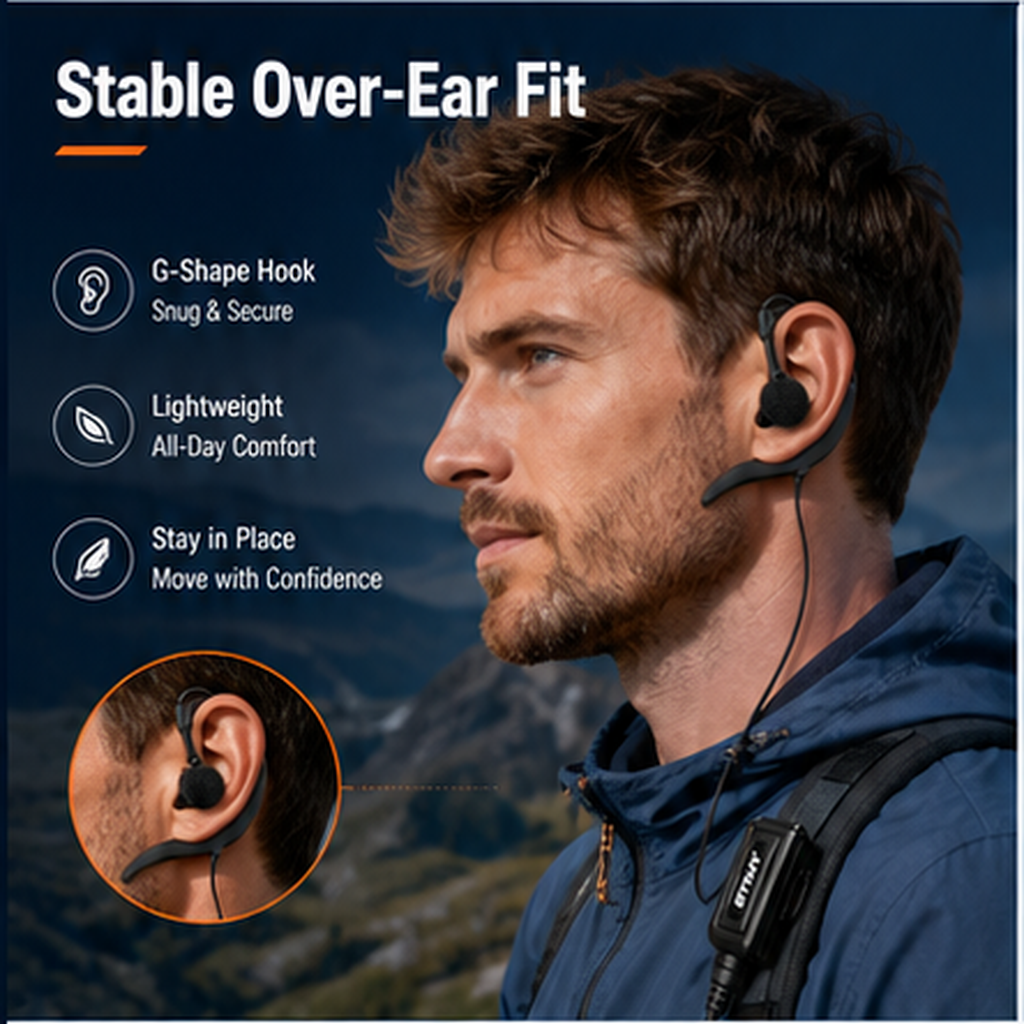 ETMY ET-ER80B G-Shape Walkie Talkie Earpiece with Mic & Large PTT | K-Plug 2-Pin | Baofeng UV-5R 888S Kenwood Compatible