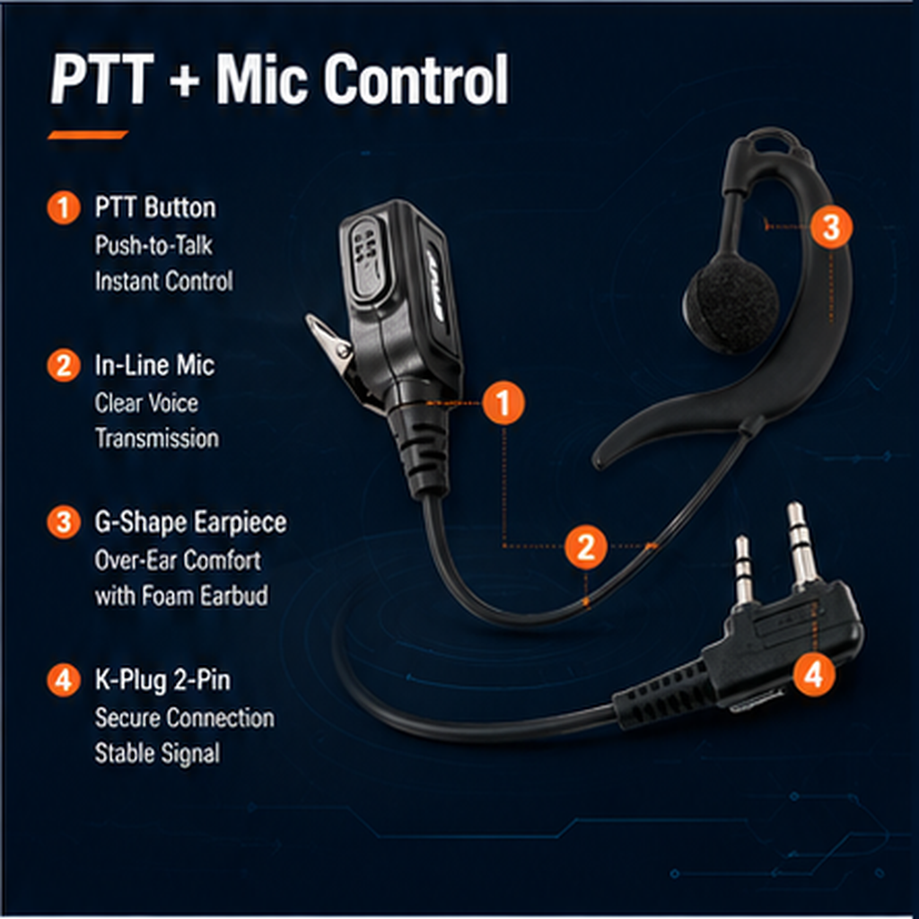 ETMY ET-ER80B G-Shape Walkie Talkie Earpiece with Mic & Large PTT | K-Plug 2-Pin | Baofeng UV-5R 888S Kenwood Compatible