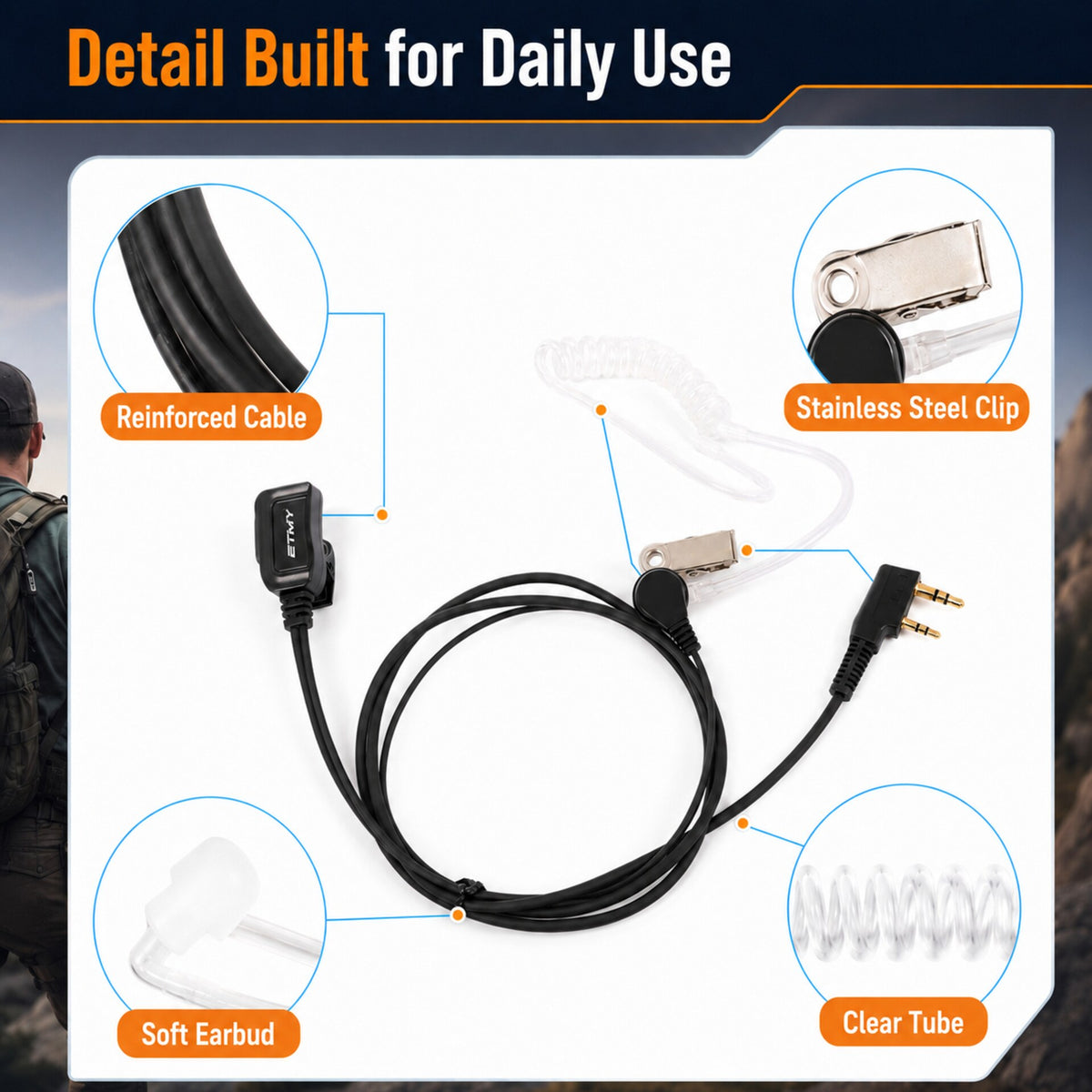 ETMY ET-ERA100 Covert Air Tube Earpiece with PTT Mic | K-Plug Dual Pin | Compatible with Baofeng BF-888S UV-5R | Hotel Restaurant Outdoor Walkie Talkie Headset