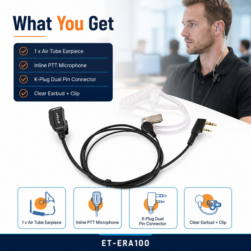 ETMY ET-ERA100 Covert Air Tube Earpiece with PTT Mic | K-Plug Dual Pin | Compatible with Baofeng BF-888S UV-5R | Hotel Restaurant Outdoor Walkie Talkie Headset