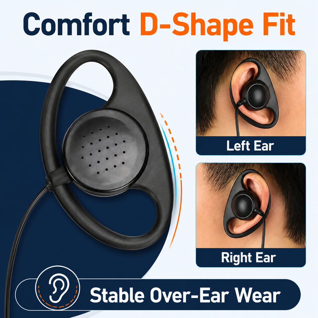 ETMY ET-ERDA10 D-Shape Walkie Talkie Earpiece Microphone | One-Touch PTT, K-Plug, Compatible with Baofeng BF-888S UV-5R