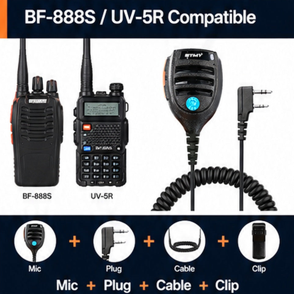 ETMY ET-MH30 Non-Magnetic Speaker Mic | 2-Pin Dual Plug Shoulder Microphone compatible with Baofeng BF-888S UV-5R | Coiled Cable Walkie-Talkie PTT Mic