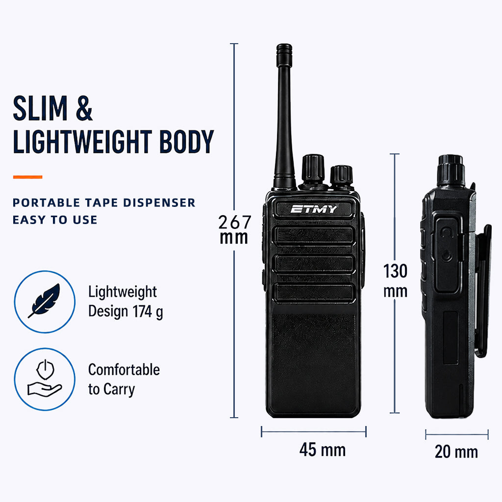 ETMY ET-99 Slim UHF walkie-talkie with 1500mAh battery, 5V USB charging, 16 channels, and CTCSS/DCS