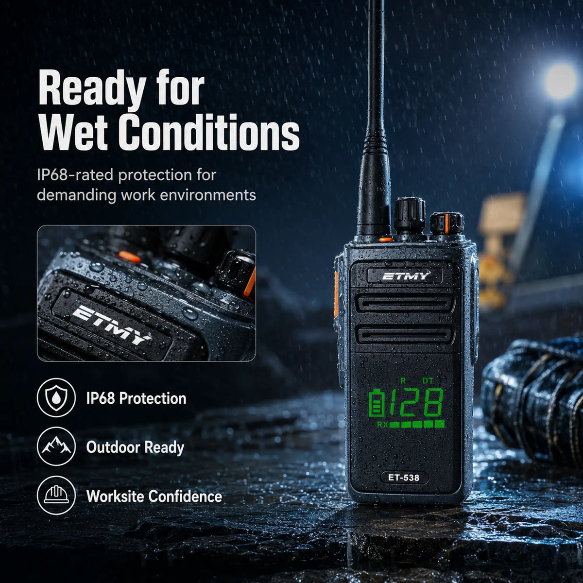 IP68 radio protection graphic in rain, ETMY ET-538