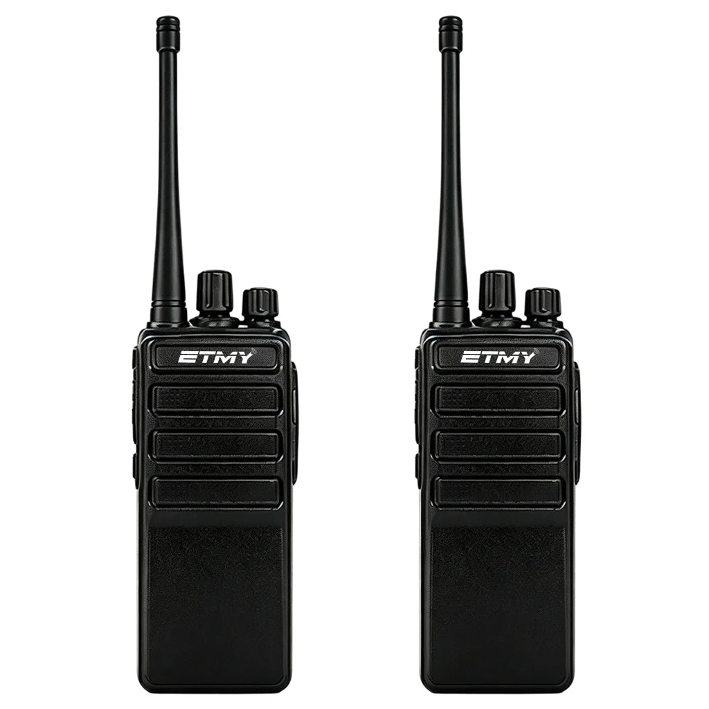 Two black ETMY walkie talkies