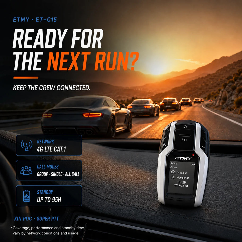 PoC radio on dashboard with road convoy, ETMY ET-C15