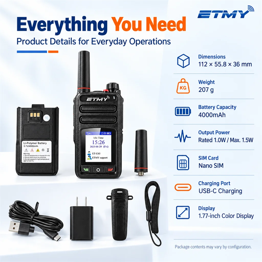 PoC radio specs and accessories graphic, ETMY ET-C65