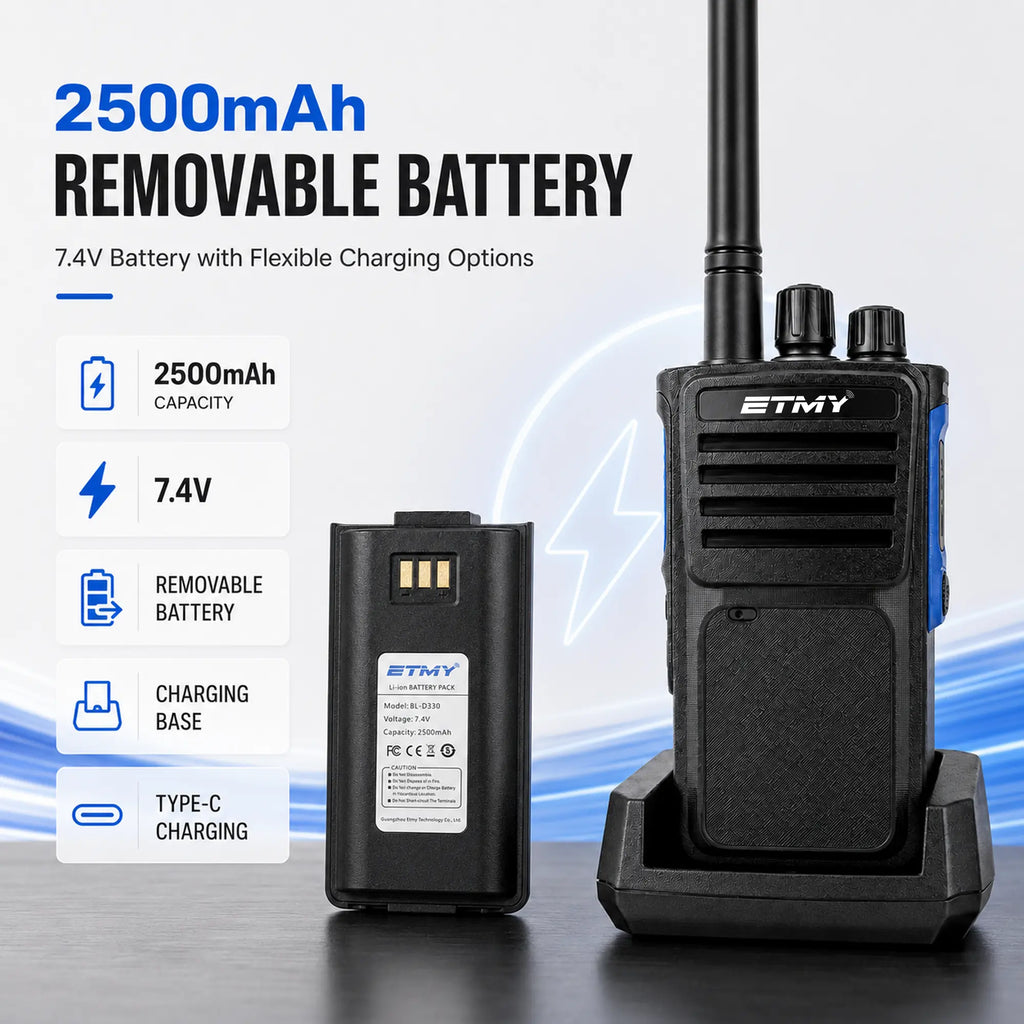 Radio battery and charging options graphic, ETMY ET-D330