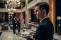 ET-ERHM70 ear hook walkie talkie headset worn by hotel staff in professional setting