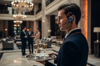 ET-ERHM70 ear hook walkie talkie headset worn by hotel staff in professional setting